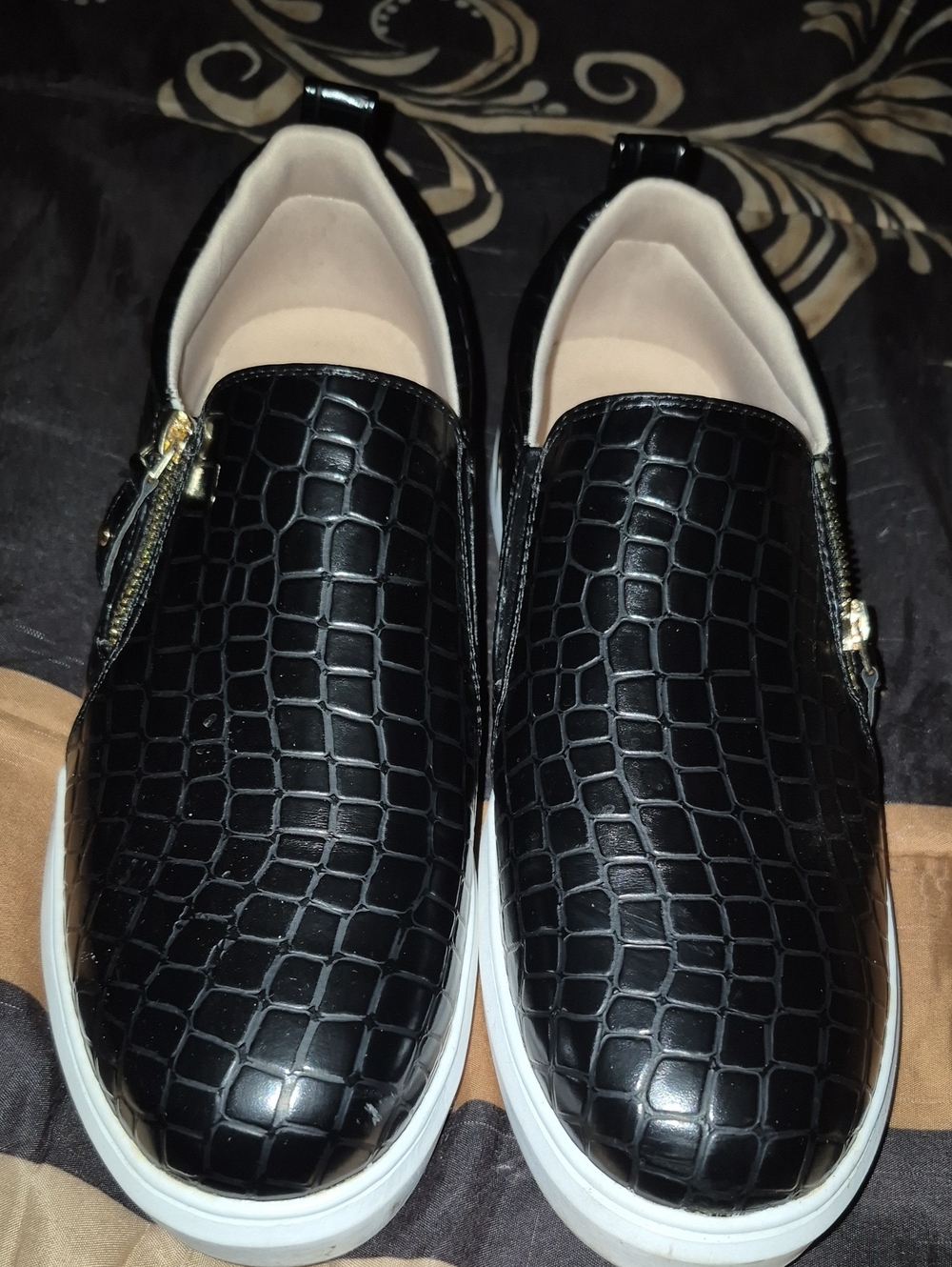 Black Croc-Texture Slip-On Sneakers